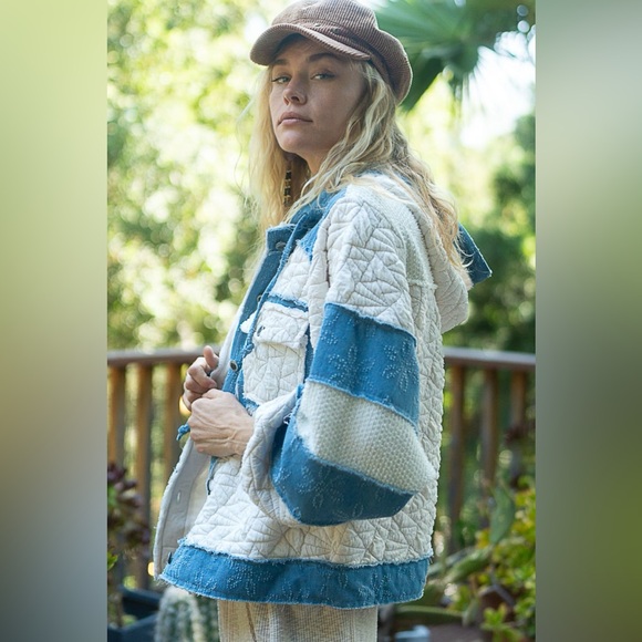 200. 🛑POL AT COST! quilted COAT JACKET wash denim blue cream mix fabric thermal - Picture 5 of 6